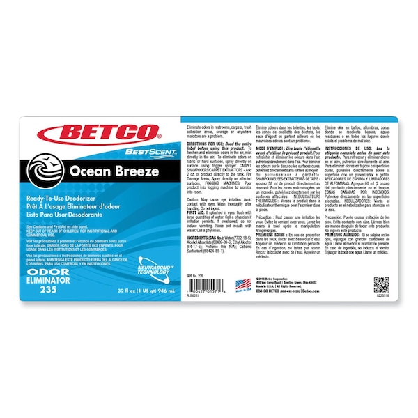 Betco BestScent Ocean Breeze RTU Deodorizer, Ocean Breeze Scent, 32 oz Spray Bottle, 12PK - 2351200