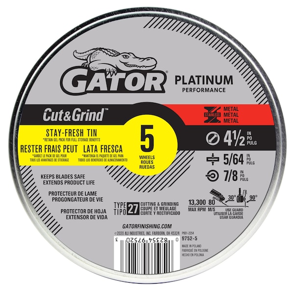 Ruedas de corte y desbaste de metal tipo 27 Platinum Performance de Gator Finishing, 4.5" x 5/64" x 7/8" - 97525.
