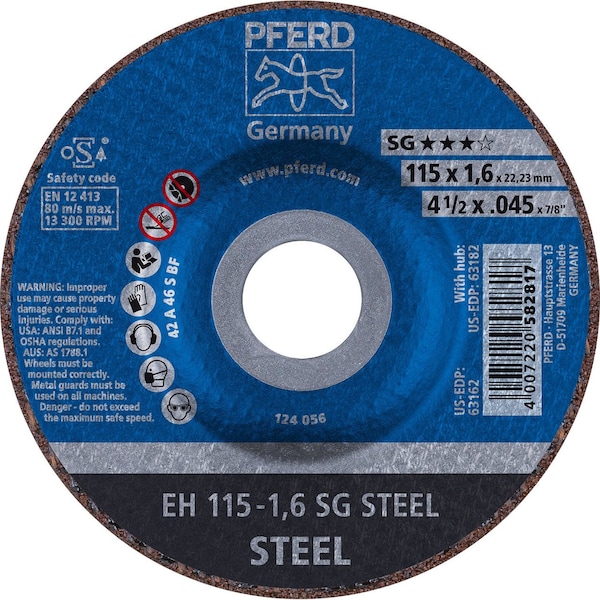 Pferd 63162 Rueda de corte de 4-1/2 pulgadas x .045 pulgadas, 7/8 pulgadas AH A 46 S SG - Tipo 27 - 63162-PFERD