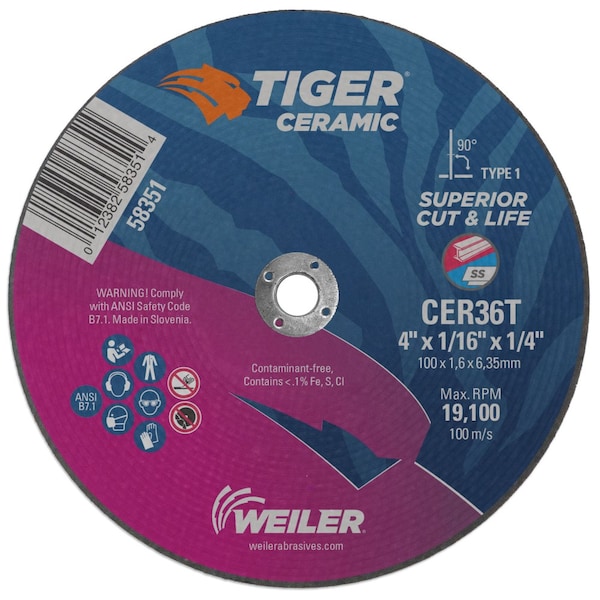 Rueda de corte tipo 1 Weiler 4" x .035" TIGER CERAMIC, CER36T, 1/4" A.H. - 58351