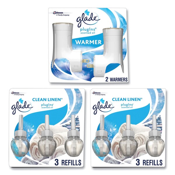 Glade Plugin Scented Oil, Clean Linen, 0.67 oz, 2 Warmers and 6 Refills/Pack - 328605