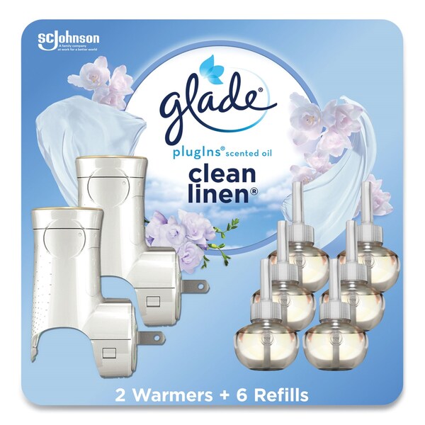 Glade Plugin Scented Oil, Clean Linen, 0.67 oz, 2 Warmers and 6 Refills/Pack - 328605