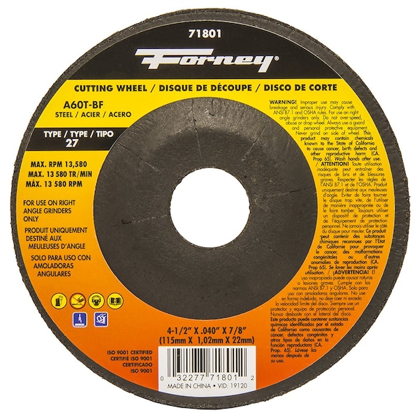 Rueda de corte Forney, Metal, Tipo 27, 4-1/2 pulgadas x .040 pulgadas x 7/8 pulgadas - 71801