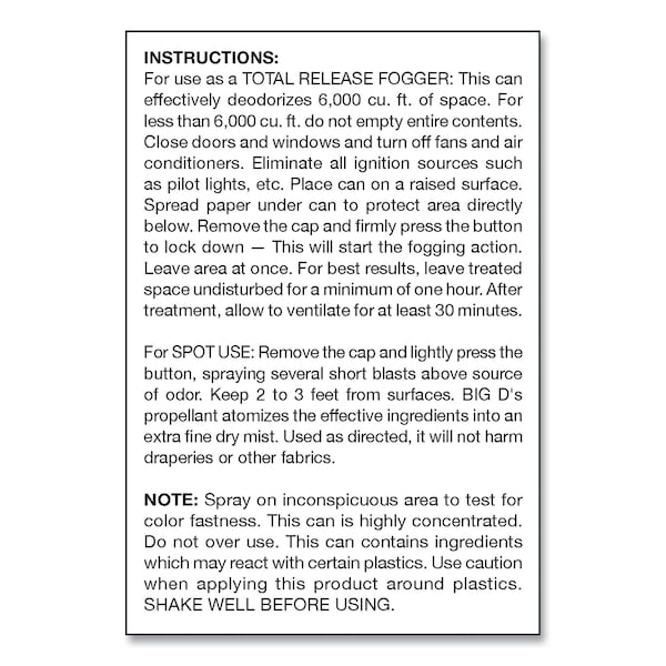 Big D Odor Control Fogger, Mountain Air Scent, 5 oz Aerosol, PK12 - 034400