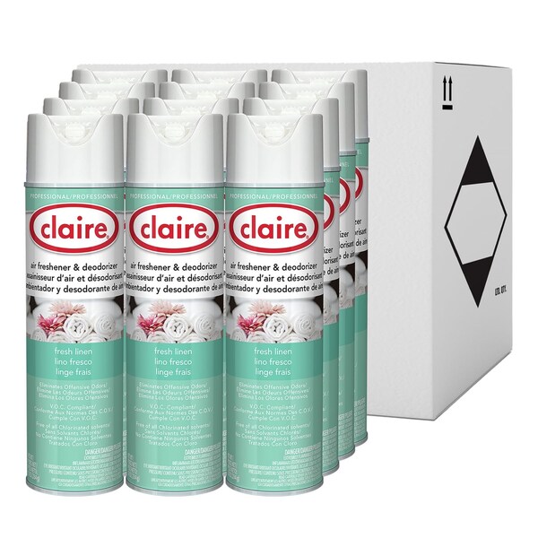 Claire Aerosol Air Freshener and Deodorizer, Fresh Linen, 10 oz Aerosol Spray, 12PK - CL163