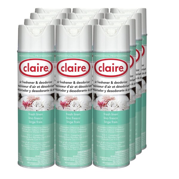 Claire Aerosol Air Freshener and Deodorizer, Fresh Linen, 10 oz Aerosol Spray, 12PK - CL163