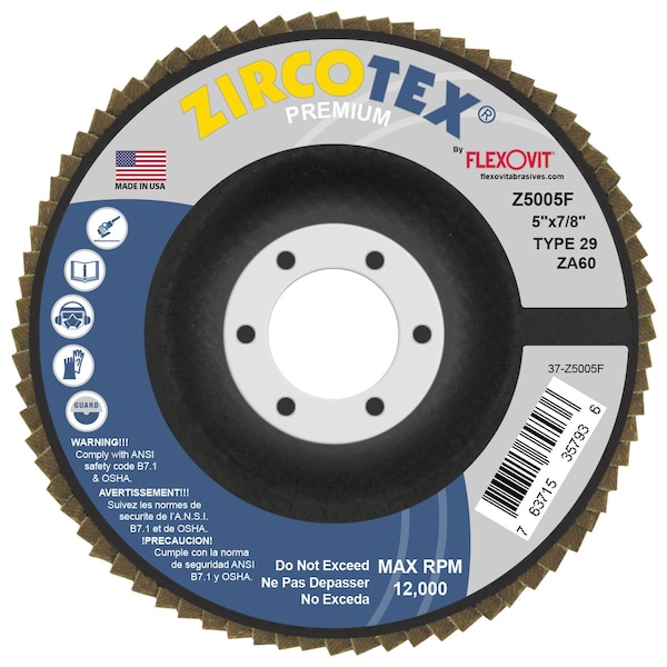 Disco de aletas abrasivas recubiertas Spin-On Premium Zircotex de Flexovit, 5 pulgadas de diámetro, agujero central de 7/8 pulgadas, grano ZA60, grueso - Z5005F