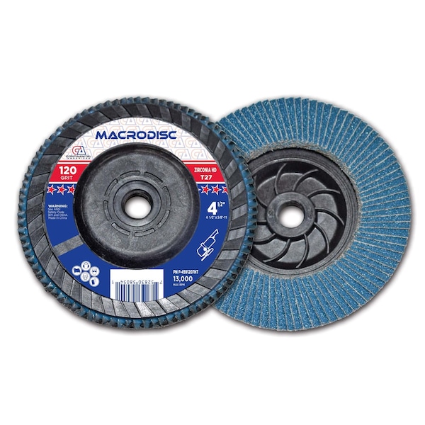 Disco de láminas de alta densidad de óxido de circonio de 120 granos, 4-1/2" x 5/8-11", con cubo de plástico - F-4591207HT de Continental Abrasives