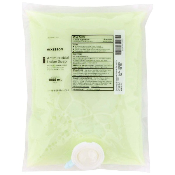 Mckesson Antimicrobial Lotion Soap, Herbal Scent, Aloe, 1,000 mL Refill Bag - 53-28086-1000