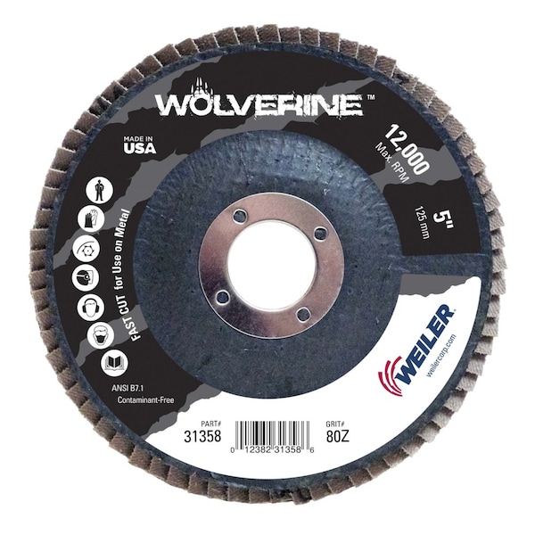 Disco de solapa abrasivo de 5" Weiler, Cónico (TY29), Respaldo fenólico, 80Z, 7/8" - 31358