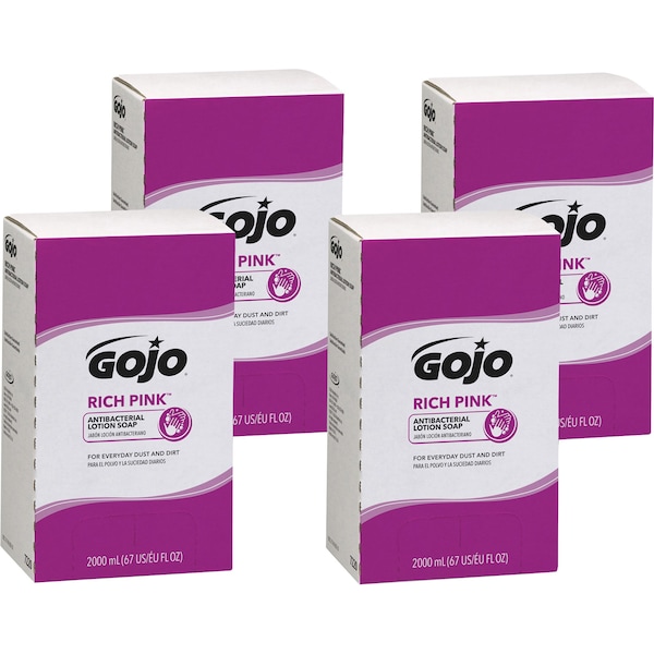 Gojo 67.6 fl oz (2 L) Rich Pink Antibacterial Lotion Soap Refill 4 PK - GOJ722004CT