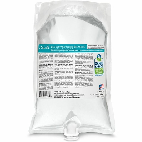 Betco Clario Green Earth Clear Foaming Skin Cleanser Refill, Dye and Fragrance Free, 1 liter, 6PK - 7152900