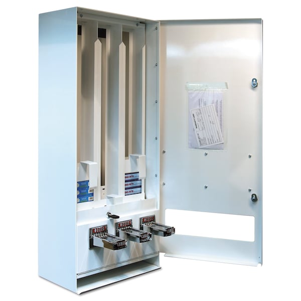 Vend-Rite Coin-Operated Soap Vender, 3-Column, 16.25" x 37.75" x 9.5", Wht/Blue - VEN 394-100