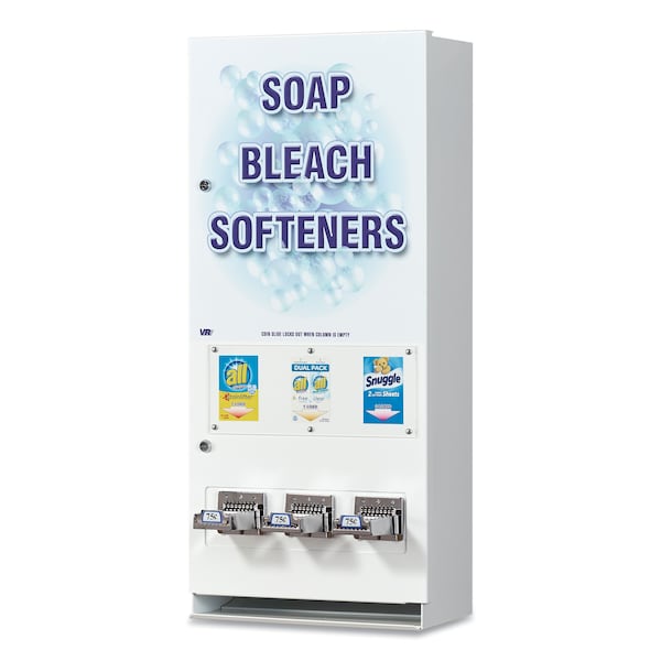 Vend-Rite Coin-Operated Soap Vender, 3-Column, 16.25" x 37.75" x 9.5", Wht/Blue - VEN 394-100