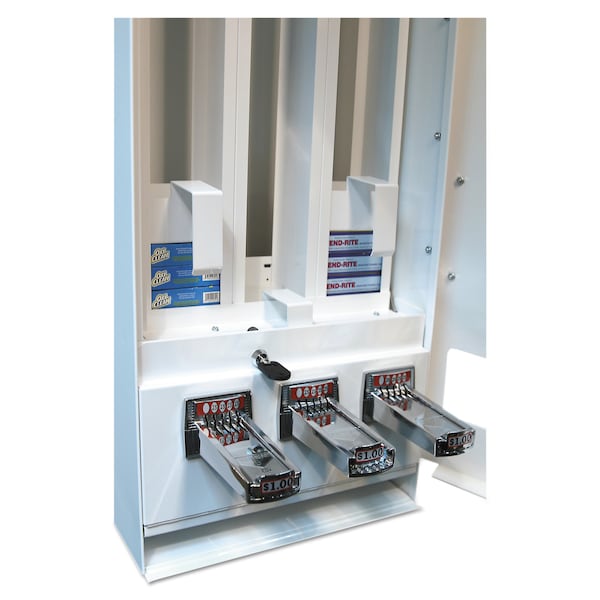 Vend-Rite Coin-Operated Soap Vender, 3-Column, 16.25" x 37.75" x 9.5", Wht/Blue - VEN 394-100