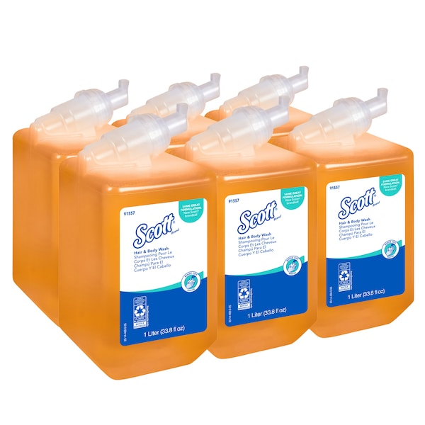 Kimberly-Clark Professional Luxury Foaming Hair and Body Wash, Citrus Scent Shampoo, Yellow/Clear, 1.0 L Bottles, 6 Bottles/Case - 91557