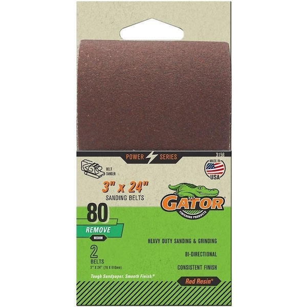 Banda para lijar Gator, 3 pulgadas de ancho, 24 pulgadas de longitud, 80 granos, Mediana, Abrasivo de óxido de aluminio - 3156
