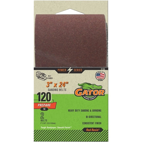 Banda de lijado Gator, 3 pulgadas de ancho, 24 pulgadas de largo, 120 grano, Fino, Abrasivo de óxido de aluminio - 3155
