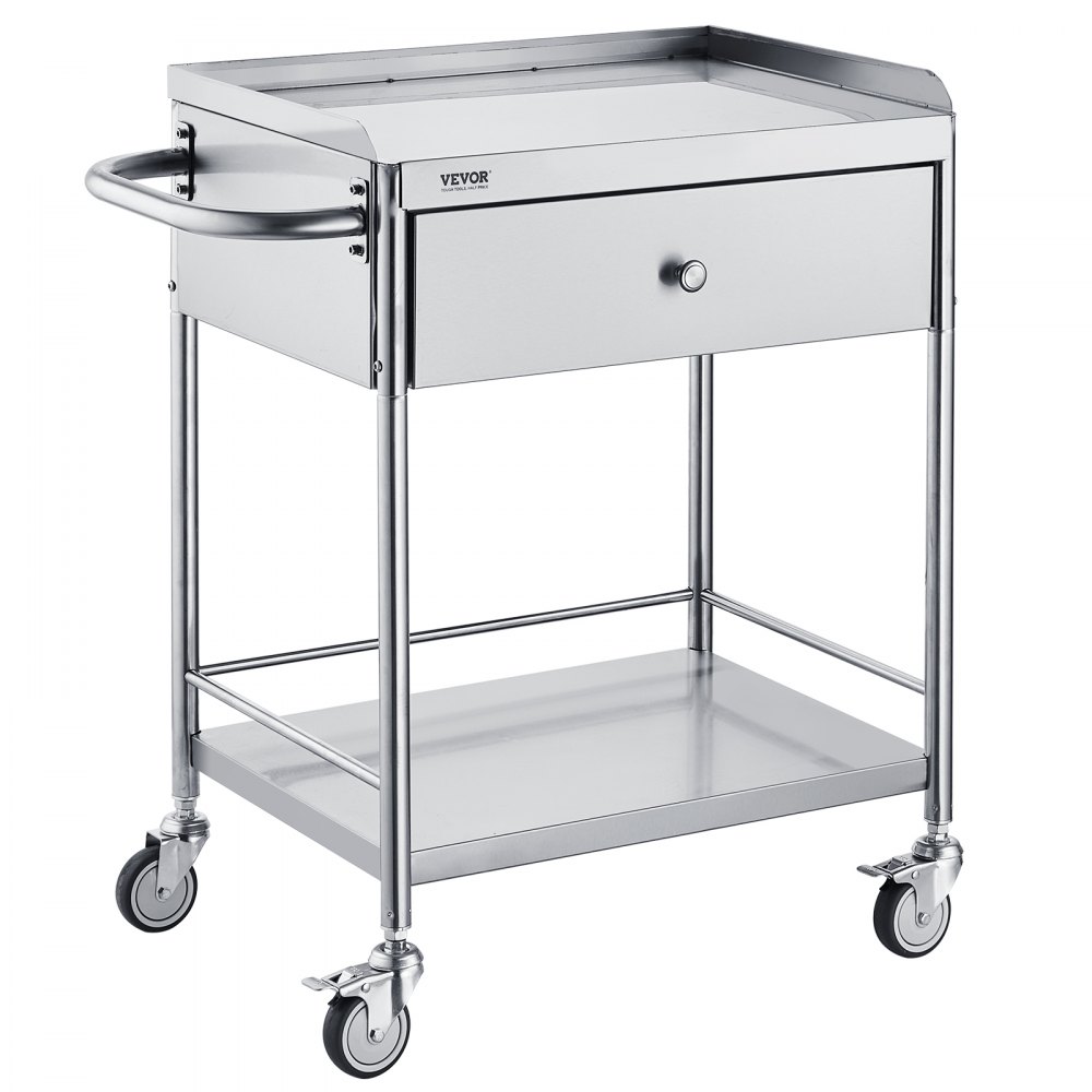 VEVOR Medical Cart, 2-Layer Stainless Steel Cart 220 lbs Weight Capacity, Lab Utility Cart with 360° Silent Wheels and a Drawer for Lab, Clinic, Kitchen, Salon - SYSSTCSB20124D3E4V0