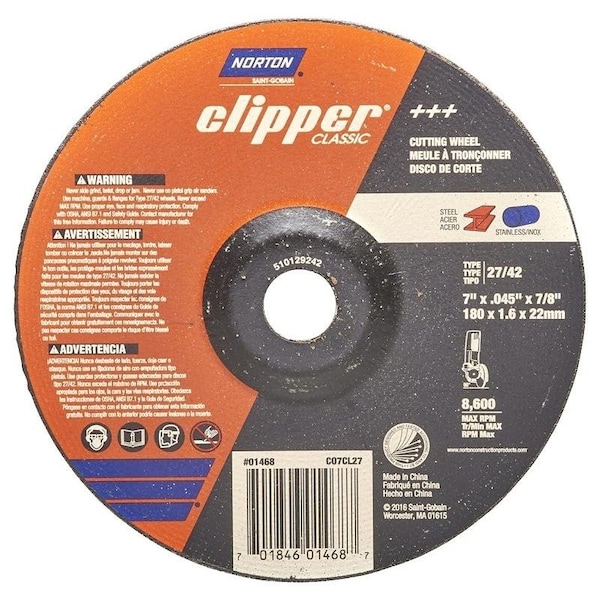 Rueda de corte de la serie A AO de Norton Clipper Clipper Classic, 7 pulgadas de diámetro, 1/16 pulgadas de grosor, eje de 7/8 pulgadas - 70184601468.