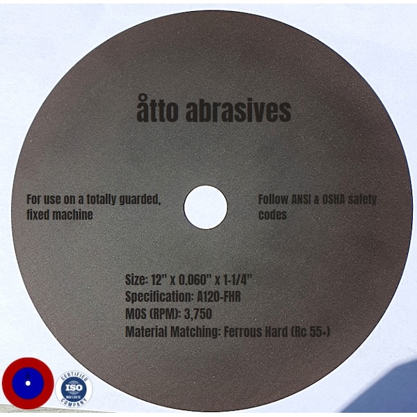 Ruedas de corte ultra delgadas Atto Abrasives 12"x0.060"x1-1/4" para materiales ferrosos duros Rc 55+ - 3W300-150-SH