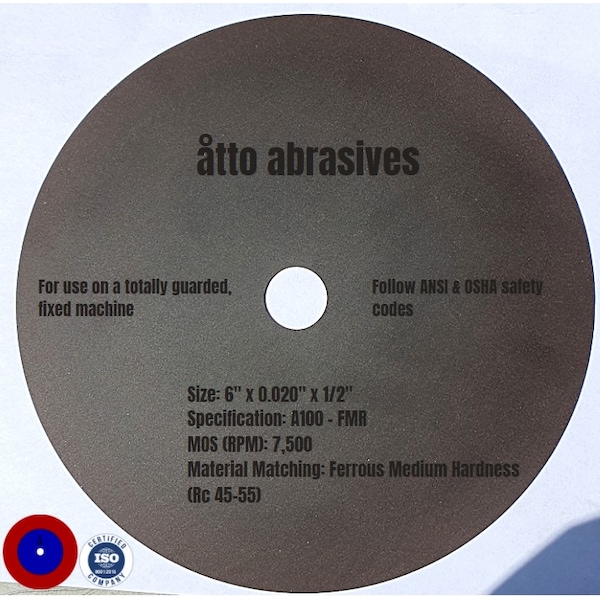 Ruedas de seccionado ultrafinas Atto Abrasives 6"x0.020"x1/2" Ferroso Medio Duro - 3W150-050-SM