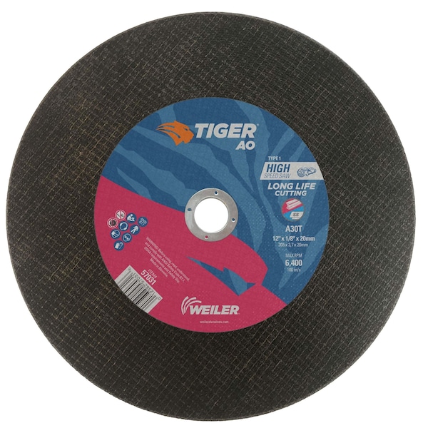 Weiler 12" x 1/8" TIGER AO Tipo 1 Rueda de corte grande, A30S, 20MM A.H - 57031