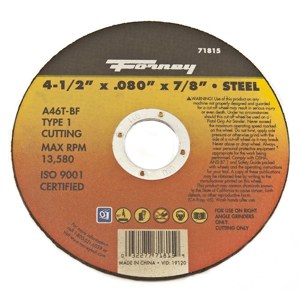 Rueda de corte Forney, metal, Tipo 1, 4-1/2 pulgadas x 0.080 pulgadas x 7/8 pulgadas - 71815