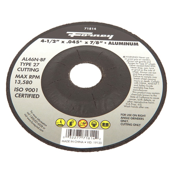 Rueda de Corte Forney, Aluminio, Tipo 27, 4-1/2 pulgadas x .045 pulgadas x 7/8 pulgadas - 71814