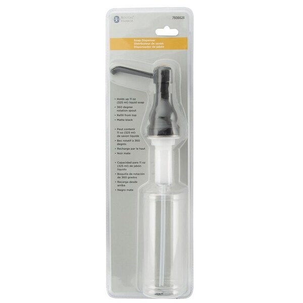 Boston Harbor Soap Dispenser, 11 oz Capacity, PE, Matte Black, Matte Black, Press, Top mounted Mounting - TOBI22040003BL
