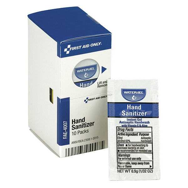 First Aid Only Hand Sanitizer Packets, Gel, 9.38 mL, Ethyl Alcohol, Fragrance Free, 10 Pack - FAE-4007