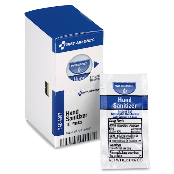 First Aid Only Hand Sanitizer Packets, Gel, 9.38 mL, Ethyl Alcohol, Fragrance Free, 10 Pack - FAE-4007