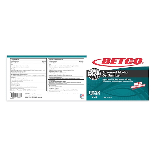 Betco Advanced Gel Hand Sanitizer, 1 gal Bottle, Light Fresh Scent, 4PK - 7960400