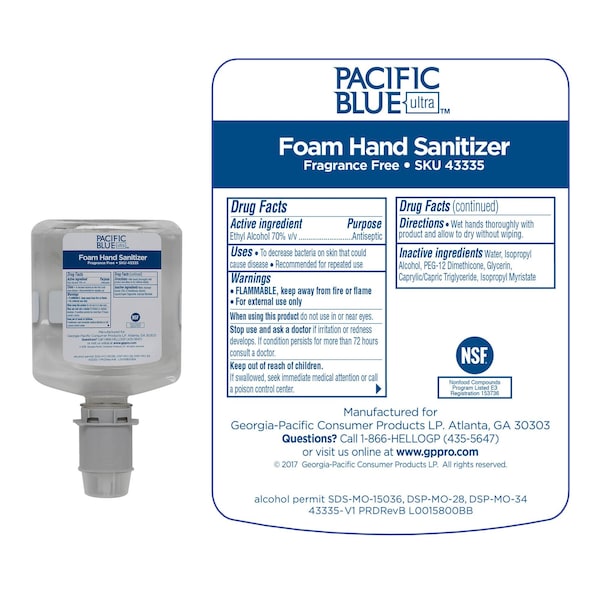 Georgia-Pacific Hand Sanitizer, 1000mL, Foam, Unscented, PK4 - 43335