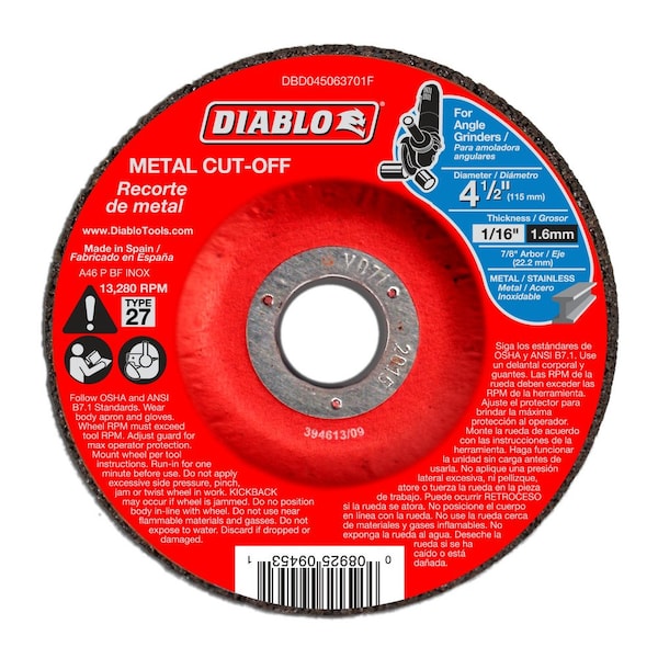 Diablo Cortadora de metal, 4-1/2 pulgadas de diámetro, 1/16 pulgada de grosor - DBD045063710F