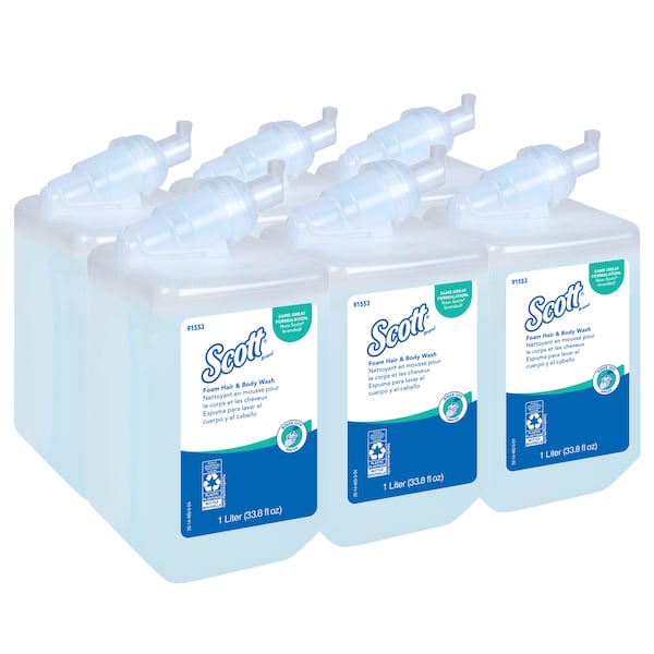 Kimberly-Clark Professional Foam Hair and Body Wash (91553), Light Blue, Fresh Scent Shampoo, 1.0 L, 6 Packages / Case - 91553