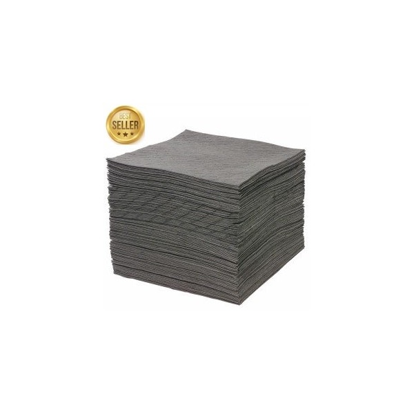 M&B Absorbents Universal Absorbent Pads, 15 in x 18 in, Oil-Based and Water-Based fluids, Gray, Polypropylene - 11776