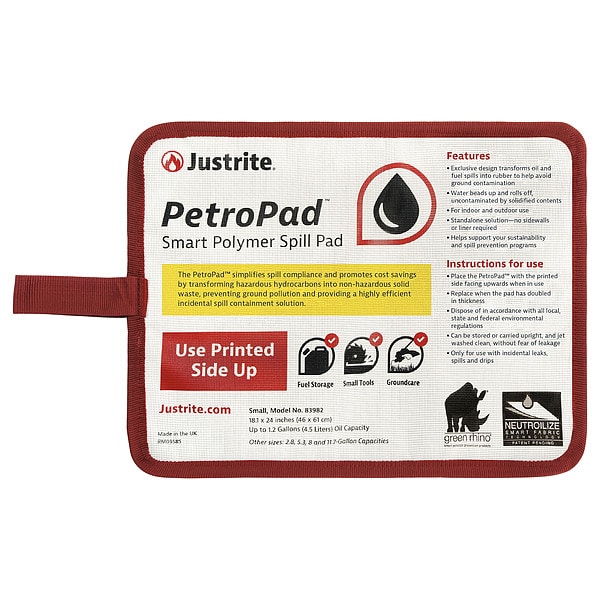 Justrite Sorbent Pad, 24 in x 18.1 in, Flammable Liquids, Fuels, White, Polymer, Smart Polymers, Vinyl - 83982PK