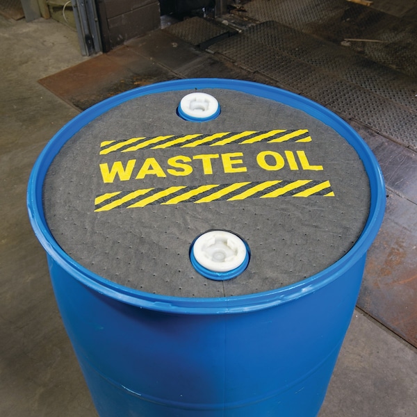 Pig Absorbent Barrel Top Safety Message Mat w Poly Backing Waste Oil For 55 gal. drums w 2 bungs, 25PK - SGN1208
