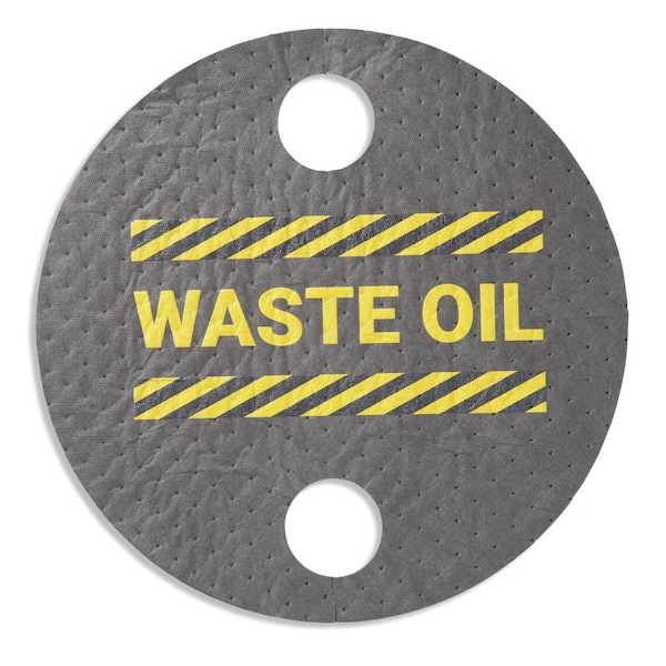Pig Absorbent Barrel Top Safety Message Mat w Poly Backing Waste Oil For 55 gal. drums w 2 bungs, 25PK - SGN1208
