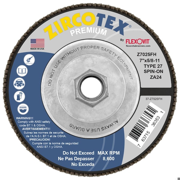 Disco de aletas abrasivas recubiertas Flexovit Zircotex Premium, 7 pulgadas de diámetro, grano ZA24, grado extra grueso, Zirconita - Z7025FH.