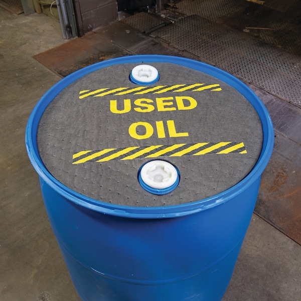 Pig Absorbent Barrel Top Safety Message Mat w Poly Backing Used Oil For 55 gal. drums w 2 bungs, 25PK - SGN1211