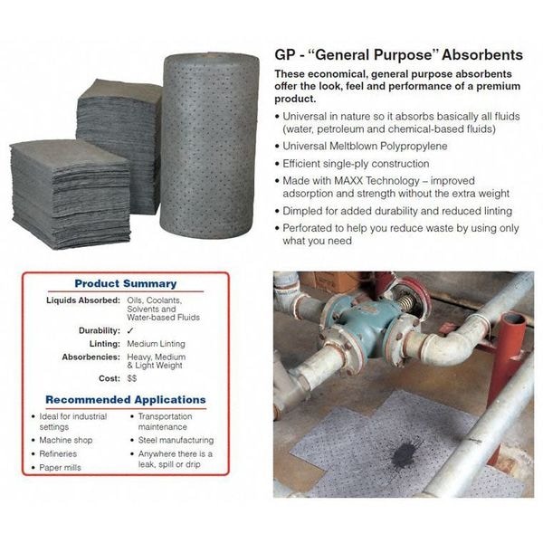 Brady Sorbents, 44 gal, 15 in x 19 in, Universal, Gray, Polypropylene - GP200-B