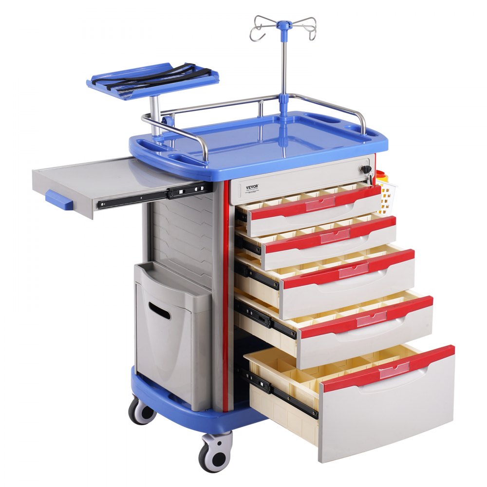 VEVOR 5 Tiers Lab Carts Mobile Medical Cart with 5 Drawers & 2 Trash Cans Blue, Trolley Storage Cart with PP Material, Lab Rolling Cart with 4 Silent Wheels for Lab, Clinic, Hospital, Salon, Office, Bule - SYSTCECKFLS4VNN2DV1