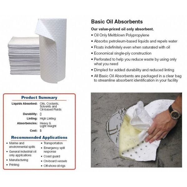 Brady Sorbents, 34 gal, 15 in x 17 in, Oil, White, Polypropylene - BPO200