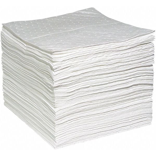 Spilltech Absorbent Pad, 15 in W x 19 in L, Absorbs 26.3 gal. per Pkg, Oil, White, Poly Bag, 100 Pack - WPF100H