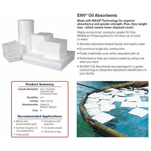 Brady Sorbents, 51 gal, 15 in x 19 in, Oil, White, Polypropylene - ENV200