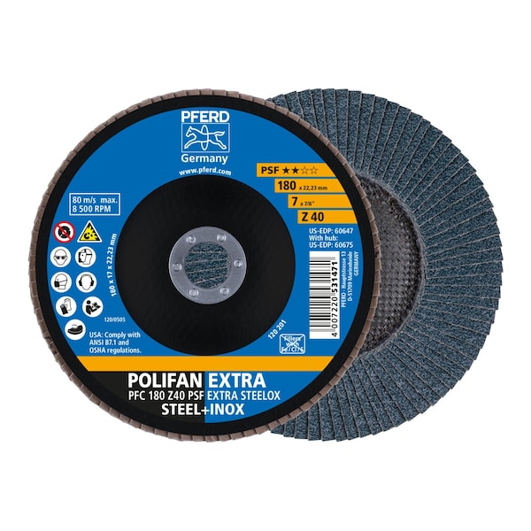 Disco de láminas POLIFAN® 7" x 7/8" A.H. - Z PSF EXTRA STEELOX, Zirconia, 40 Granos, Cónico - 60647