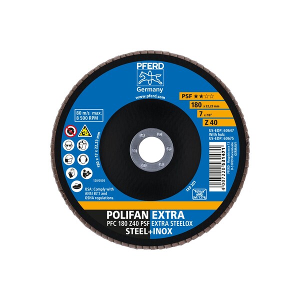 Disco de láminas POLIFAN® 7" x 7/8" A.H. - Z PSF EXTRA STEELOX, Zirconia, 40 Granos, Cónico - 60647