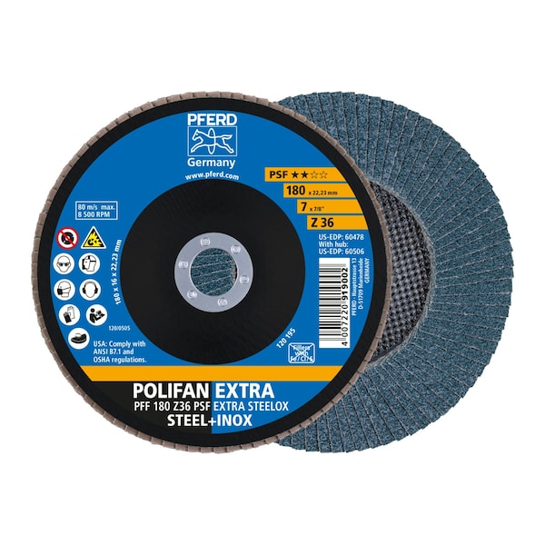 Disco de láminas POLIFAN® de 7" x 7/8" A.H. Pferd - Z PSF EXTRA STEELOX, Zirconia, 36 granos, plano - 60478
